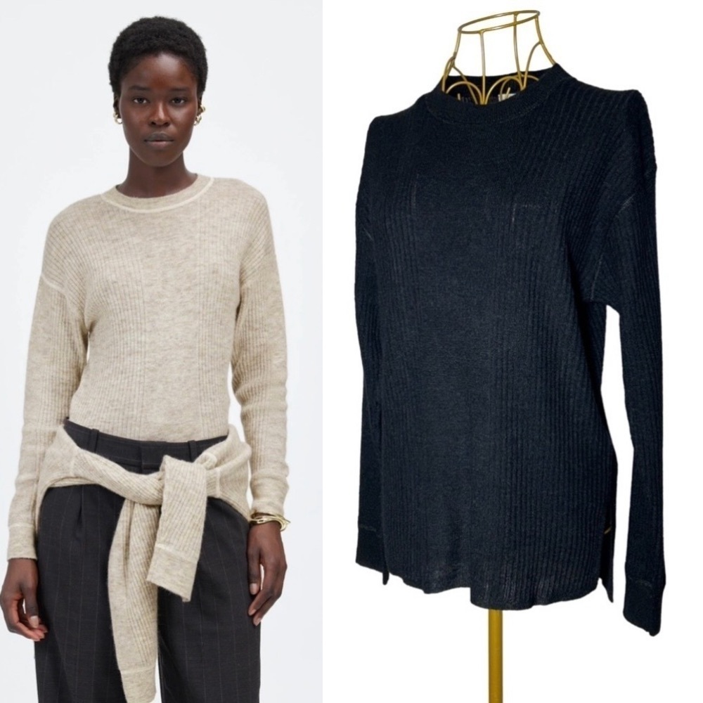 NWT Madewell OVERSIZED Black Ribbed Alpaca-Blend, Soft Crewneck Sweater, XXS